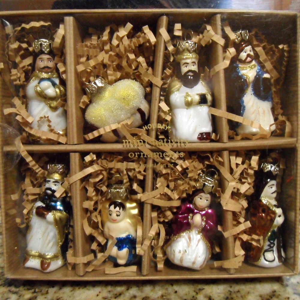 Pottery Barn Mini nativity Christmas mercury Ornaments set 8 Open Box